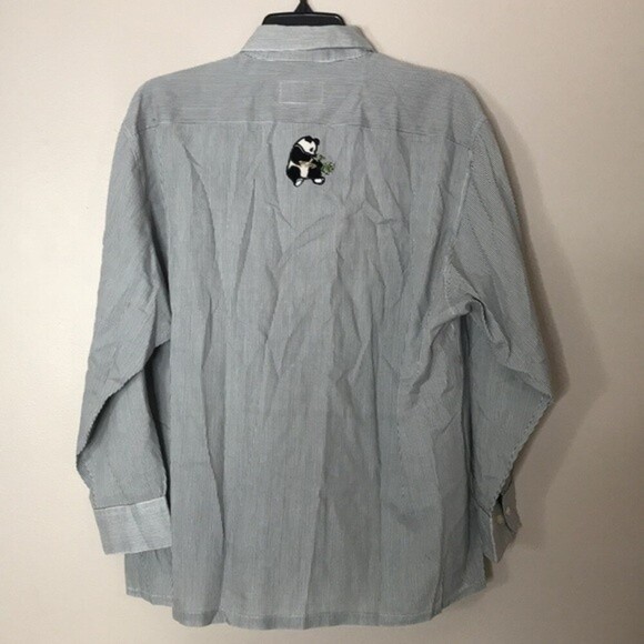 Get lucky button up striped long sleeve shirt with pandas embroidered large - Picture 11 of 13